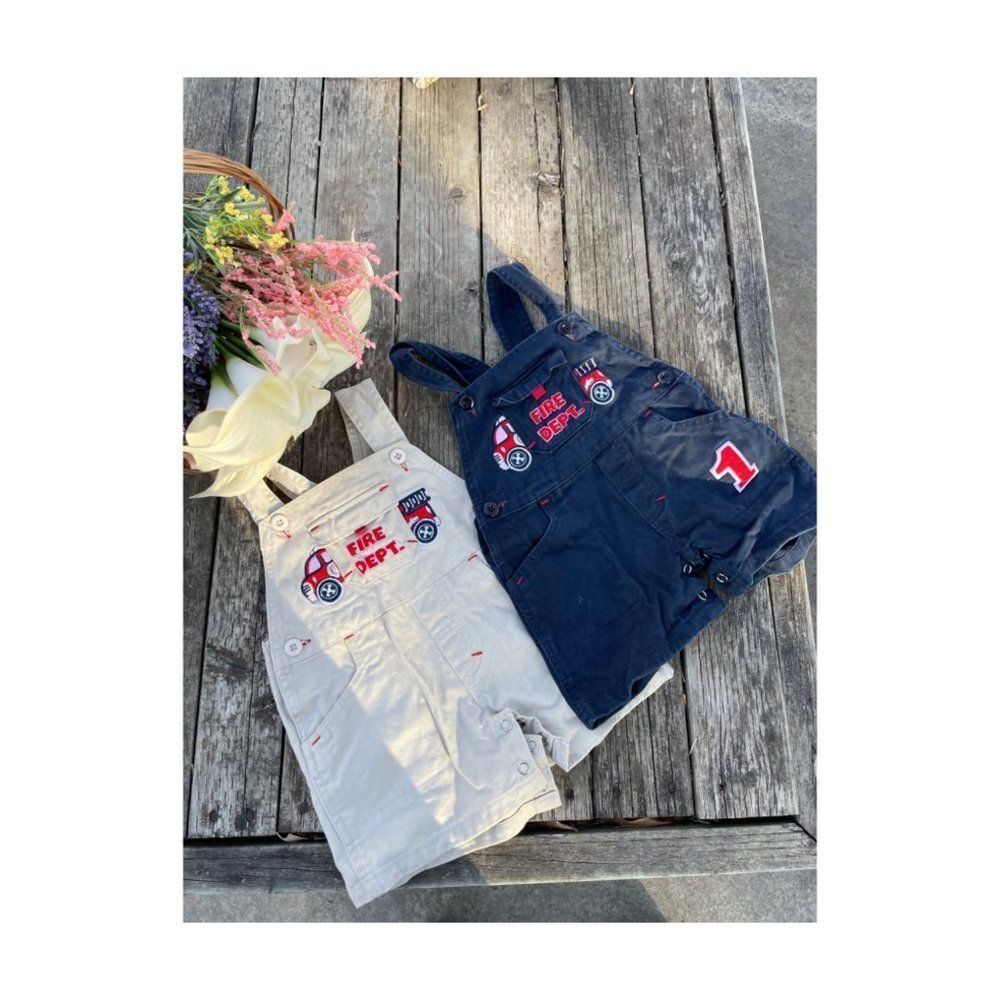 Y2K Boys Shortalls Lot of 2 Navy Blue & Cream Fire Dept Embroidery Sz 12 months